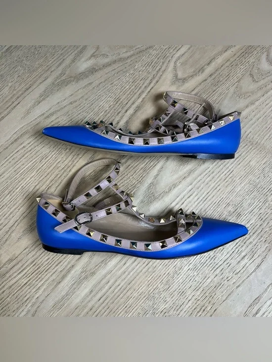Valentino Garavani Rockstud Blue Leather Studded Ballet Flats Size 38.5 - Picture 8 of 11